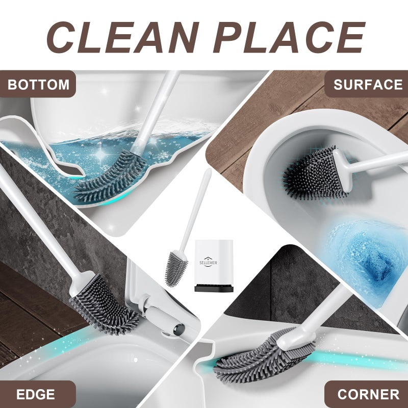 Sellemer Toilet Brush and Holder Set - Flexible Toilet Bowl Brush Head with Silicone Bristles, Compact Size for Storage and Organization, Ventilation Slots Base (1 Pack, White) - Image 2