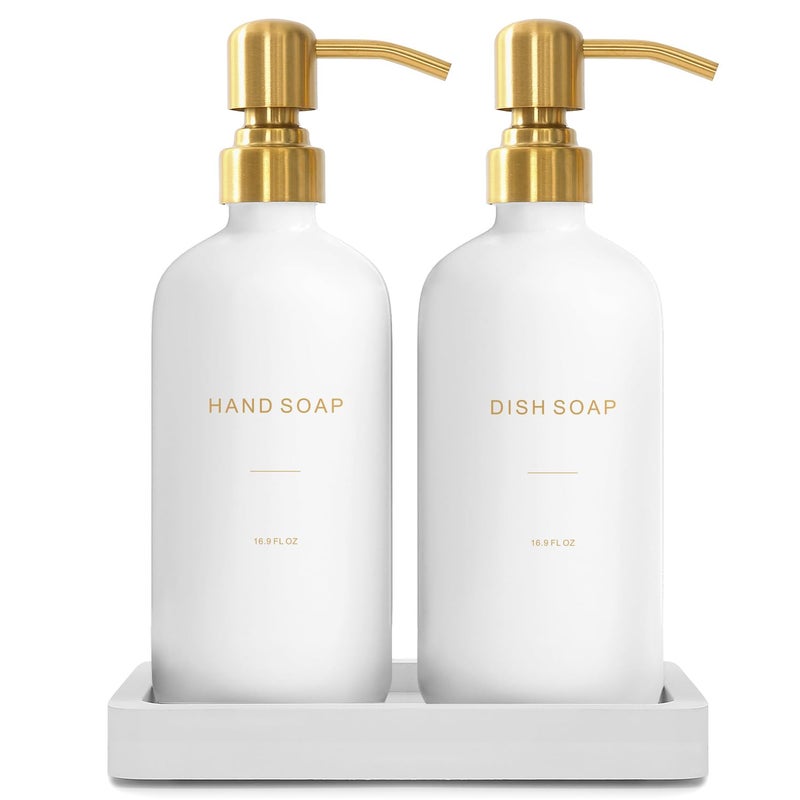 Prus Waso Gold Soap Dispenser Set Glass Soap Dispenser with Stainless Steel Pump Perfect for Modern Kitchen Counter Decor Gold