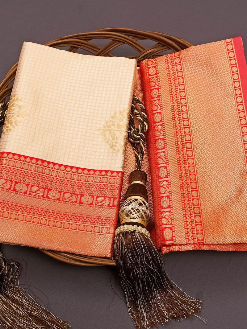 Satrani Women's Silk Blend Onam Special Kasavu Jacquard Saree with Unstitched Blouse Piece (4082S107N_Cream & Red) - Image 5