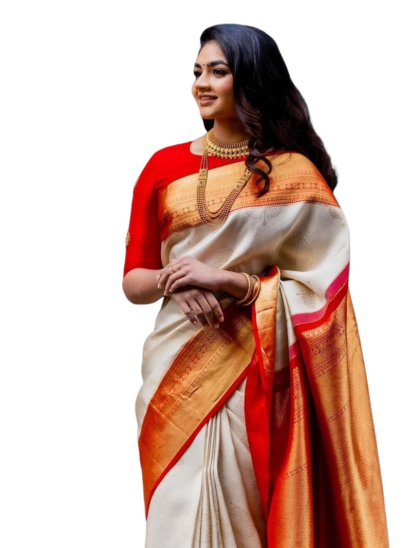 Satrani Women's Silk Blend Onam Special Kasavu Jacquard Saree with Unstitched Blouse Piece (4082S107N_Cream & Red) - Image 1