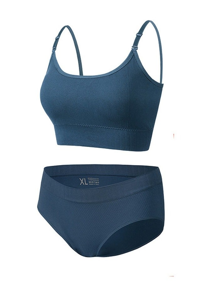 Loquat Women's Solid Color Sport Fitness Lingerie Set 2-piece Seamless Wireless Adjustable Shoulders Vest Bra+Low Waist Briefs Sport Suit Dusty Blue 