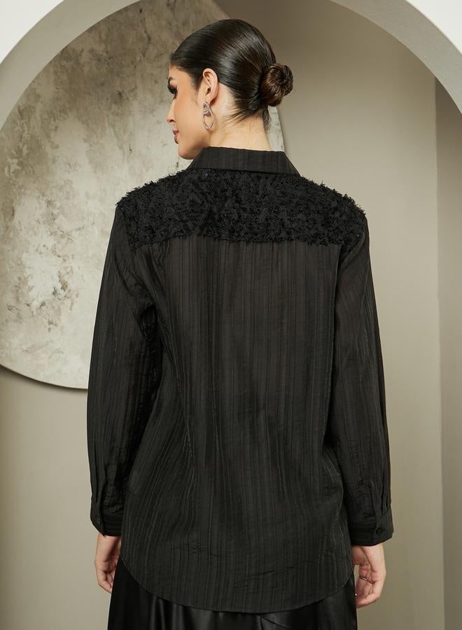 Styli Textured Sequins Embellished Spread Collar Shirt - Image 5
