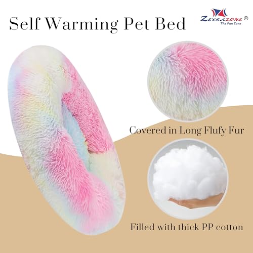 ZEXSAZONE Winter Round Donut Pet Bed for Cats, Puppies, and Dogs, Cozy and Plush, Raised Bedside Support, Both Sides Use Like 2-in-1, Washable, Sizes for Small, Medium, and Large Pets cat Bed Rainbow - Image 4