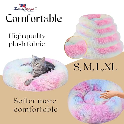 ZEXSAZONE Winter Round Donut Pet Bed for Cats, Puppies, and Dogs, Cozy and Plush, Raised Bedside Support, Both Sides Use Like 2-in-1, Washable, Sizes for Small, Medium, and Large Pets cat Bed Rainbow - Image 3