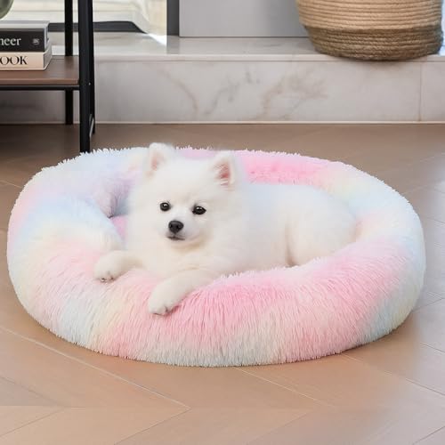 ZEXSAZONE Winter Round Donut Pet Bed for Cats, Puppies, and Dogs, Cozy and Plush, Raised Bedside Support, Both Sides Use Like 2-in-1, Washable, Sizes for Small, Medium, and Large Pets cat Bed Rainbow - Image 1