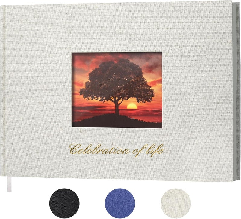 SUNEE Funeral Guest Book for Memorial & Funeral Services – in Loving Memory Funeral Book, Celebration of Life Guest Book with 100 Lined Pages, Table Sign, Ribbon Bookmark and Linen Hardcover, Beige - Image 1