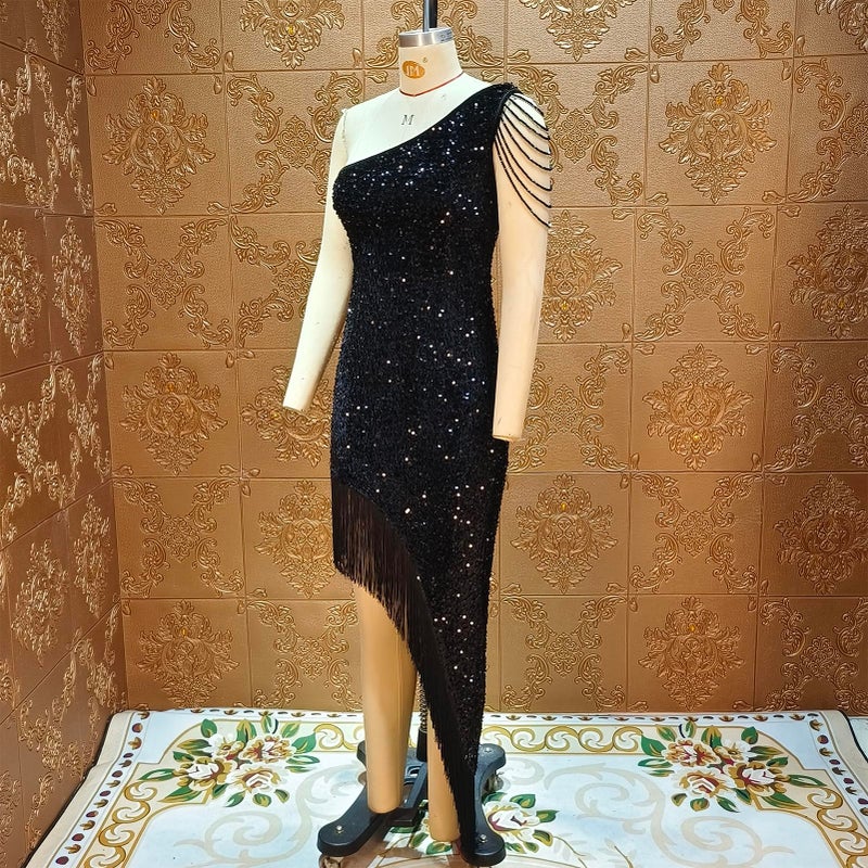 Cololura Women Sequin Elegant Sexy Tassels One Shoulder Mermaid Bodycon Cocktail Evening Midi Party Formal Dress - Image 5