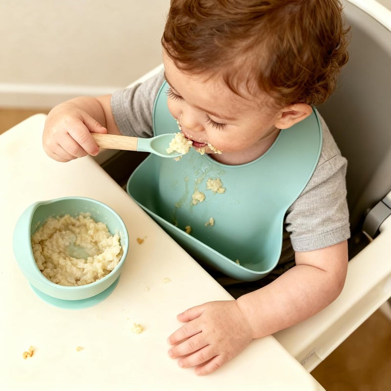 Ginbear Baby Bowls with Suction, Silicone Bibs, Self Feeding Spoons, Led Weaning Supplies, Toddler Eating Set for Ages 6 Months+ (Hazy Green) - Image 5
