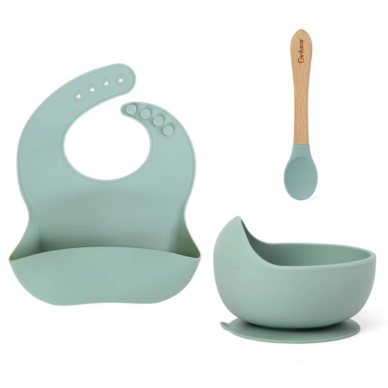 Ginbear Baby Bowls with Suction, Silicone Bibs, Self Feeding Spoons, Led Weaning Supplies, Toddler Eating Set for Ages 6 Months+ (Hazy Green) - Image 1