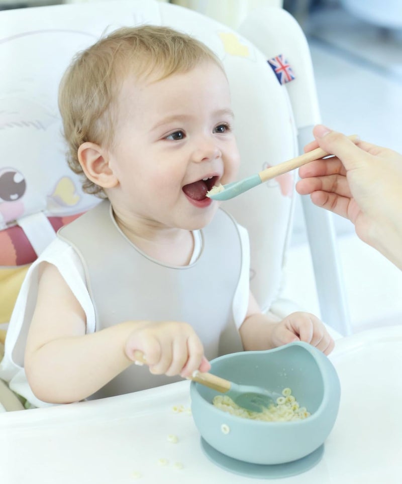 Ginbear Baby Bowls with Suction, Silicone Bibs, Self Feeding Spoons, Led Weaning Supplies, Toddler Eating Set for Ages 6 Months+ (Hazy Green) - Image 3