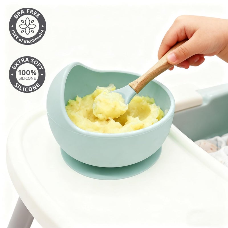 Ginbear Baby Bowls with Suction, Silicone Bibs, Self Feeding Spoons, Led Weaning Supplies, Toddler Eating Set for Ages 6 Months+ (Hazy Green) - Image 2