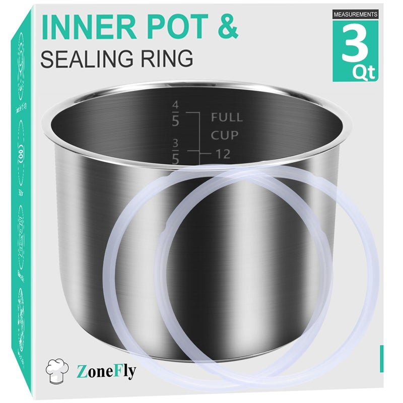 Zonefly for Instant Pot 3 Qt Inner Pot Replacement insert Stainless Steel Cooking Pot Liner with Polished Surface Easy to Clean 3Quart Instapot Rice Cooker Accessories Includes 2pcs Seal Rings