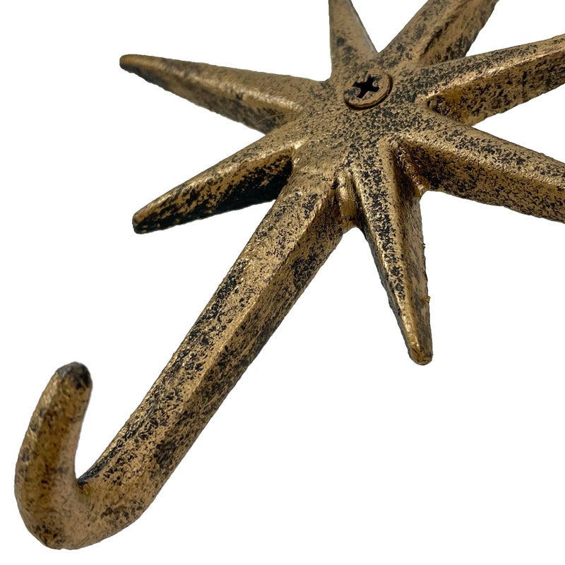 Zeckos Set of 3 Gold Finish Cast Iron 8-Pointed Atomic Starburst Wall Hooks - Mid-Century Modern Elegance - Easy Install - Perfect for Vintage and Eclectic Decor - Image 3