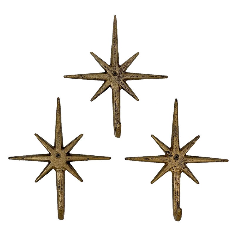 Zeckos Set of 3 Gold Finish Cast Iron 8-Pointed Atomic Starburst Wall Hooks - Mid-Century Modern Elegance - Easy Install - Perfect for Vintage and Eclectic Decor - Image 2
