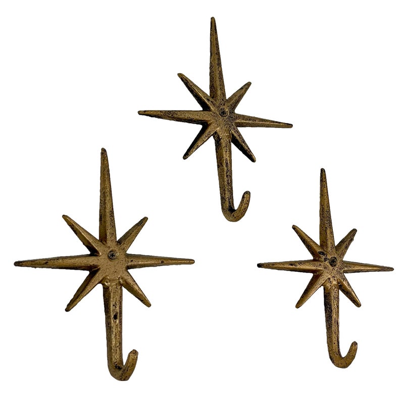 Zeckos Set of 3 Gold Finish Cast Iron 8-Pointed Atomic Starburst Wall Hooks - Mid-Century Modern Elegance - Easy Install - Perfect for Vintage and Eclectic Decor - Image 1