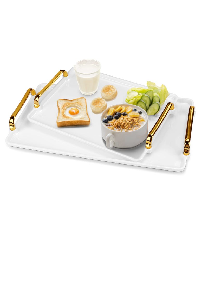 Excefore Serving Tray with Handles, White Plastic Serving Trays for Breakfast, Modern Nordic Style Coffee Table Tray, Decorative Trays with Gold Handles for Coffee Table & Living Room (2 Pcs) - Image 1