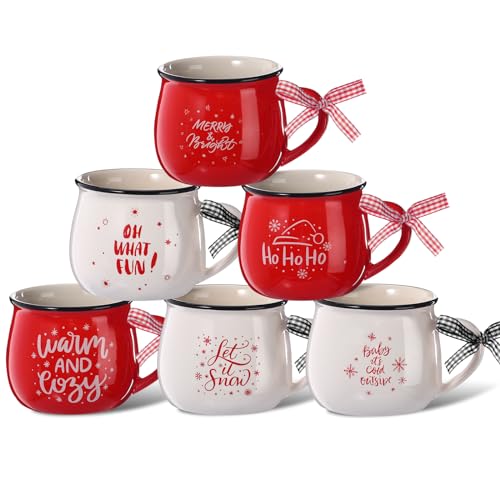 Sawysine Christmas Coffee Mugs Set of 6 12 oz Ceramic Mug Gift Holiday Hot Cocoa for Family Mom Woman Friend Farmhouse Candy Canes Style - Image 1