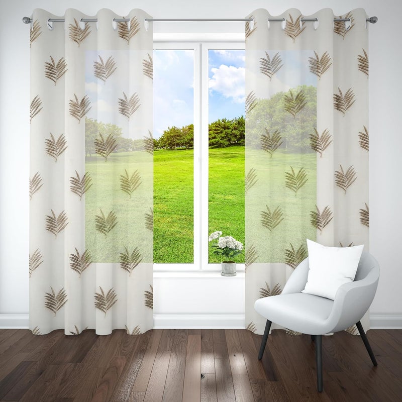 Parda Online 7Ft Golden Sheer Tissue with Embroidery Leaf Design Eyelet Window Curtain - Pack of 2 - Image 1