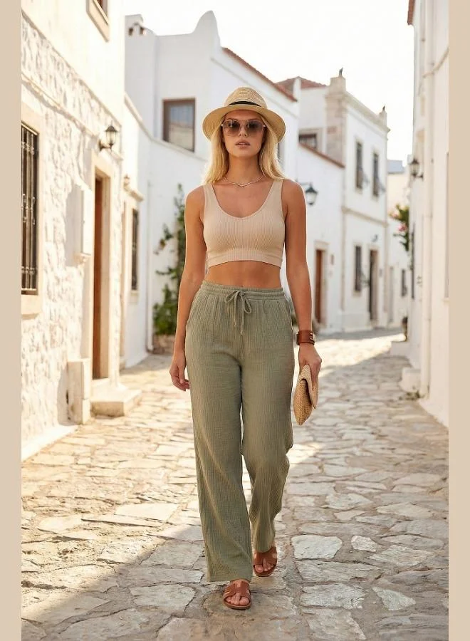 ليلا Lela Cotton Comfort Fit High Waist Wide Leg Trousers Women's Pants 668YP5540