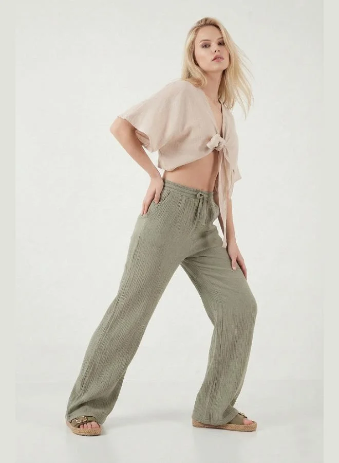 ليلا Lela Cotton Comfort Fit High Waist Wide Leg Trousers Women's Pants 668YP5540