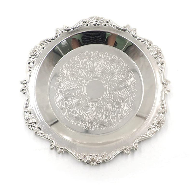 2 Pcs Vintage Metal Carved Decorative Serving Tray Dispaly Organizer for Tableware Jewelry Cosmetic Trinkets Candle Towel Silver