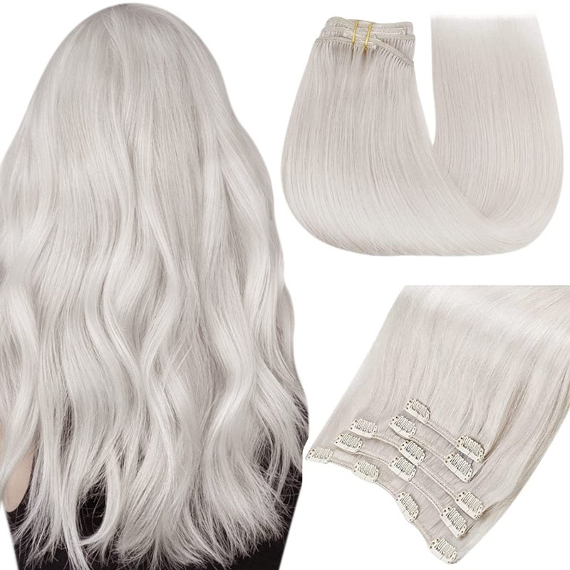 Easyouth Clip in Hair Extensions Human Hair Blonde Straight Hair Extensions Clip ins White Blonde Real Hair Extension Clips in Human Hair 16 Inch 80G 5Pcs - Image 1