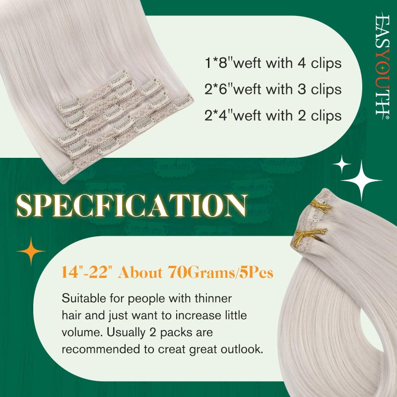 Easyouth Clip in Hair Extensions Human Hair Blonde Straight Hair Extensions Clip ins White Blonde Real Hair Extension Clips in Human Hair 16 Inch 80G 5Pcs - Image 3