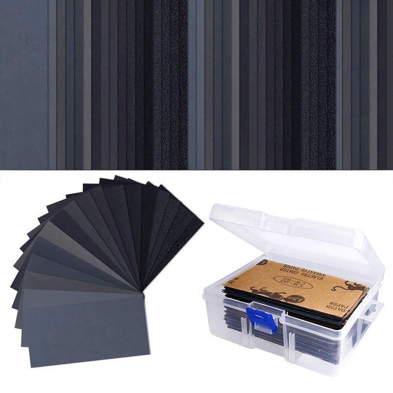 AUSTOR 102 Pcs Wet Dry Sandpaper 60 to 3000 Grit Assortment 3 x 55 Inch Abrasive Paper with Free Box for Automotive Sanding Wood Furniture Finishing