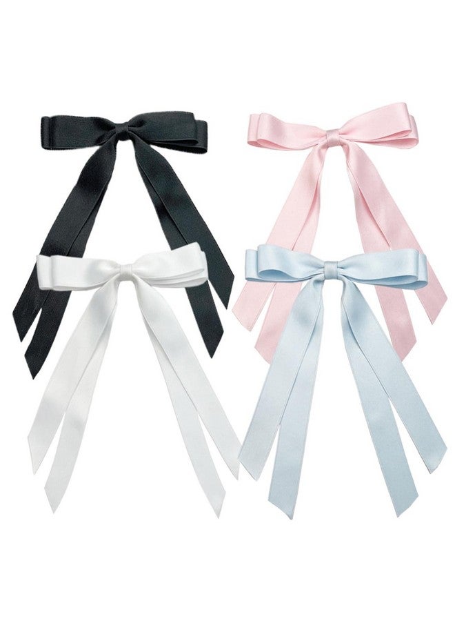 سالوسي مجموعة مشابك شعر SALOCY، 4 قطع من فيونكات شعر ساتان للنساء والفتيات مع شرابة طويلة، أسود، أبيض، وردي، أزرق - Image 1