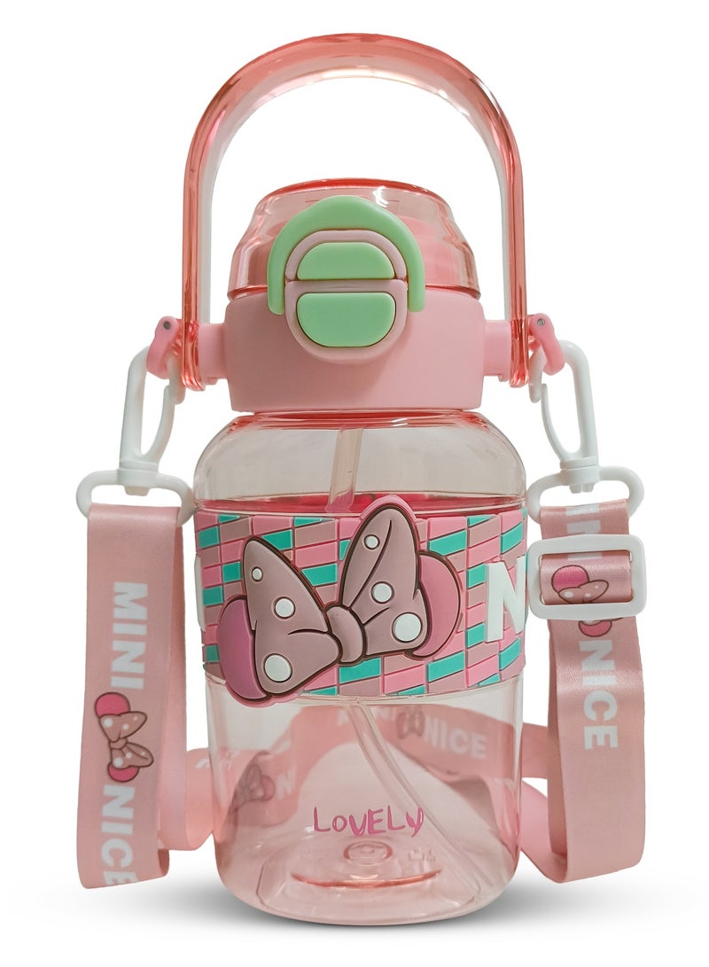 BAYBEE 650ml Kids Water Bottle with Straw BPA-Free, Leakproof Sipper with Flip Lid & Strap Durable Plastic Bottle for School & Travel – Cute Animal Design for Boys & Girls Pink - Image 1