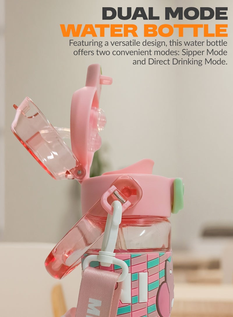 BAYBEE 650ml Kids Water Bottle with Straw BPA-Free, Leakproof Sipper with Flip Lid & Strap Durable Plastic Bottle for School & Travel – Cute Animal Design for Boys & Girls Pink - Image 5
