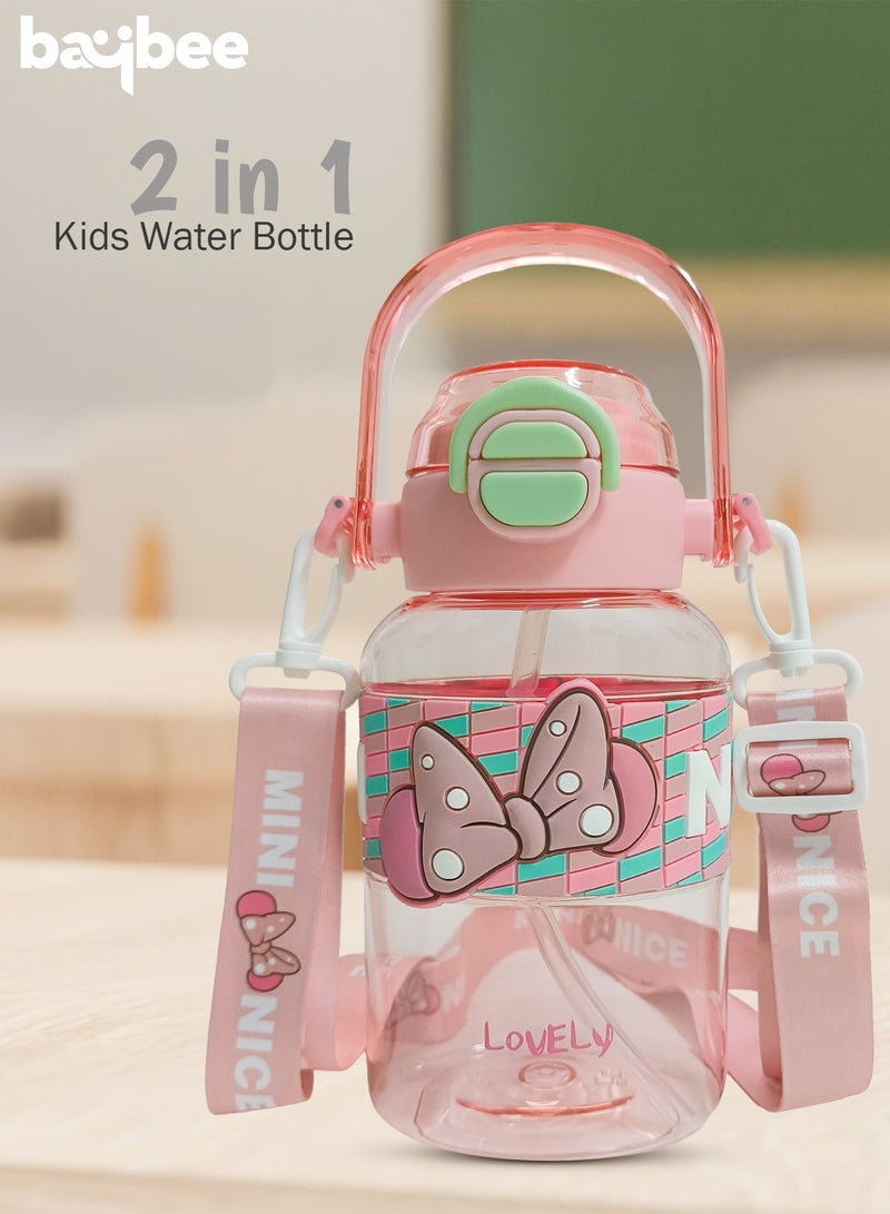 BAYBEE 650ml Kids Water Bottle with Straw BPA-Free, Leakproof Sipper with Flip Lid & Strap Durable Plastic Bottle for School & Travel – Cute Animal Design for Boys & Girls Pink - Image 2