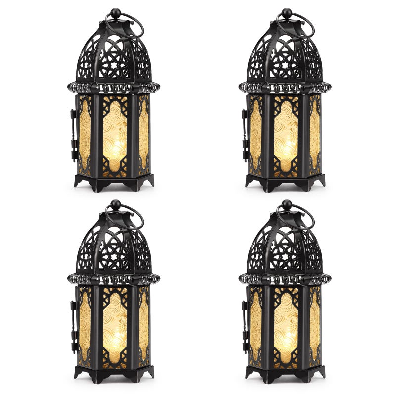 Image Metal Candle Holder 4PCS Transparent Glass Moroccan Style Hanging Lanterns Creative Wedding Home Tabletop Decoration Birdcage Black