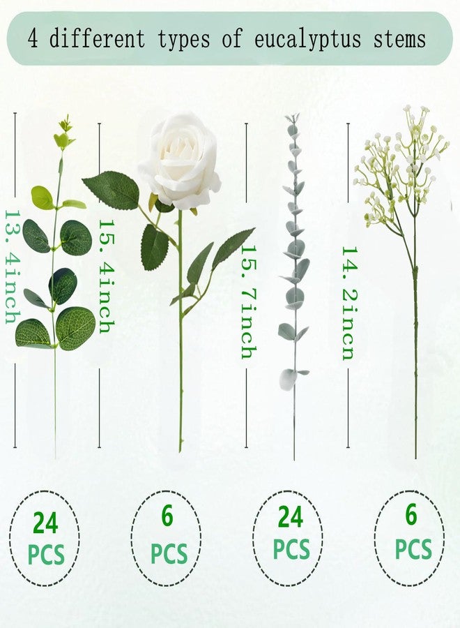 Caiumai Longer Size 60pcs Mixed Artificial Green Plants with Faux Eucalyptus Stems,Greenery Stems,White Roses Wedding Florals Artificial Flowers,Eucalyptus Garland for Decor - Image 2