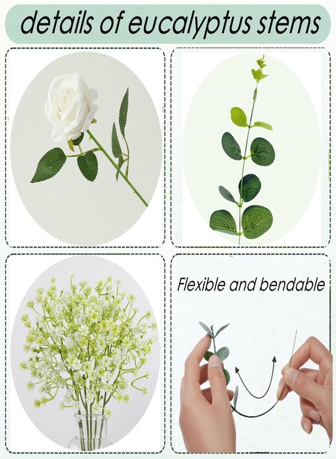 Caiumai Longer Size 60pcs Mixed Artificial Green Plants with Faux Eucalyptus Stems,Greenery Stems,White Roses Wedding Florals Artificial Flowers,Eucalyptus Garland for Decor - Image 5