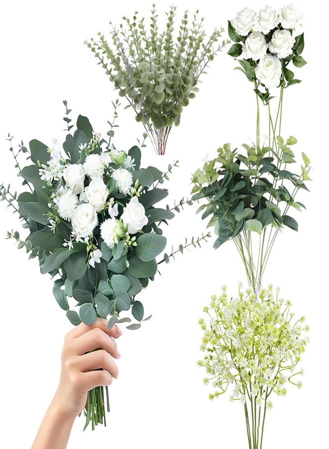 Caiumai Longer Size 60pcs Mixed Artificial Green Plants with Faux Eucalyptus Stems,Greenery Stems,White Roses Wedding Florals Artificial Flowers,Eucalyptus Garland for Decor - Image 1