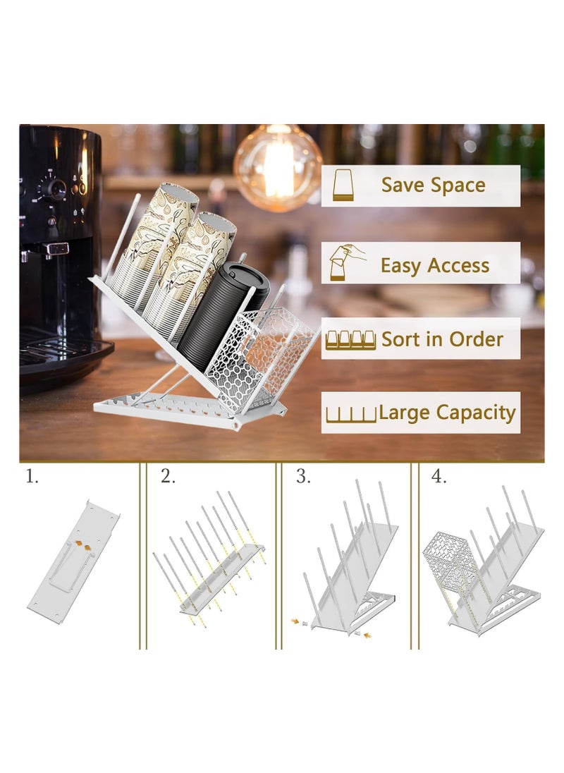 XICEN Adjustable Coffee Cup Holder Organizer 4 Compartment Disposable Cup Dispenser with Coffee Pod Straw Storage Basket for Coffee Station Bar Countertop Breakroom Metal (white)  - Image 3
