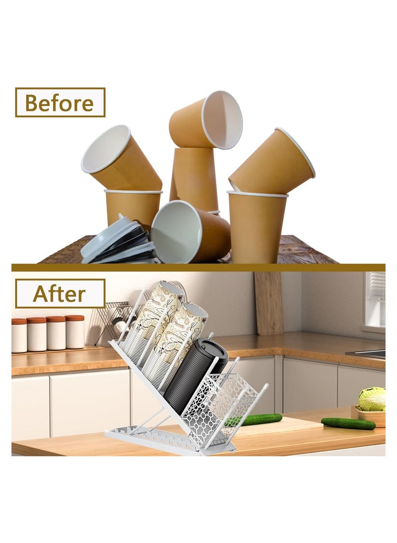 XICEN Adjustable Coffee Cup Holder Organizer 4 Compartment Disposable Cup Dispenser with Coffee Pod Straw Storage Basket for Coffee Station Bar Countertop Breakroom Metal (white)  - Image 4