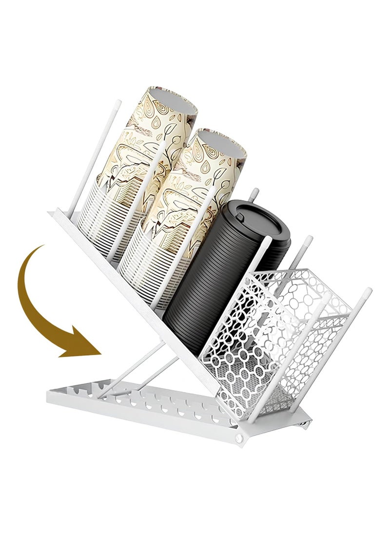 XICEN Adjustable Coffee Cup Holder Organizer 4 Compartment Disposable Cup Dispenser with Coffee Pod Straw Storage Basket for Coffee Station Bar Countertop Breakroom Metal (white)  - Image 1