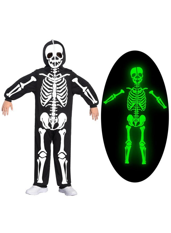 Spooktacular Creations Halloween Kids Skeleton Jumpsuit Pajama, Plush Zip-Up Glow Costume Cosplay In The Dark, Unisex Hooded Skeleton Halloween Sleepwear - Image 1