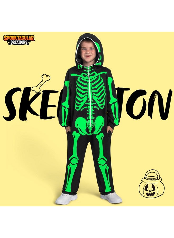 Spooktacular Creations Halloween Kids Skeleton Jumpsuit Pajama, Plush Zip-Up Glow Costume Cosplay In The Dark, Unisex Hooded Skeleton Halloween Sleepwear - Image 2