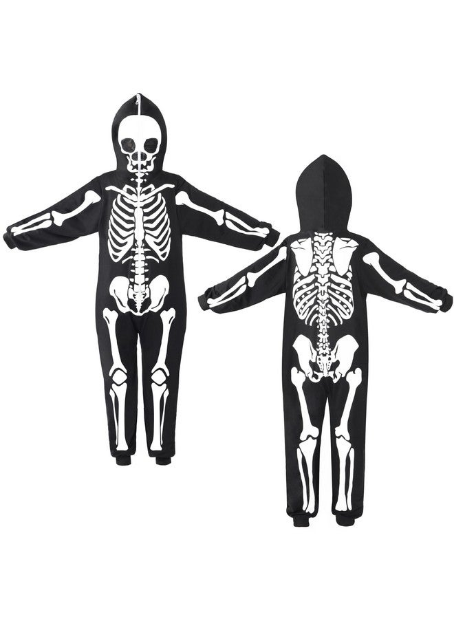 Spooktacular Creations Halloween Kids Skeleton Jumpsuit Pajama, Plush Zip-Up Glow Costume Cosplay In The Dark, Unisex Hooded Skeleton Halloween Sleepwear - Image 3