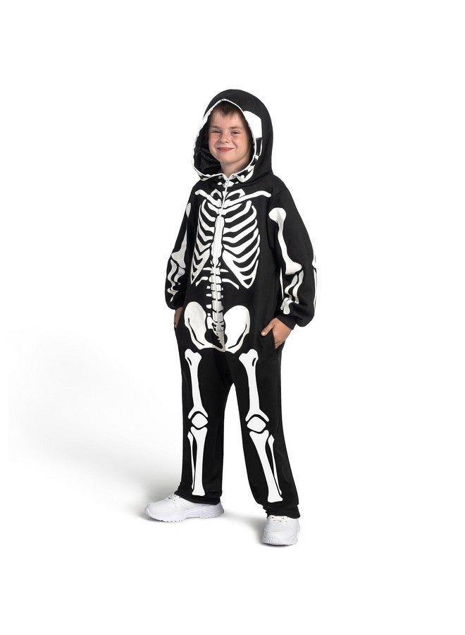 Spooktacular Creations Halloween Kids Skeleton Jumpsuit Pajama, Plush Zip-Up Glow Costume Cosplay In The Dark, Unisex Hooded Skeleton Halloween Sleepwear - Image 4