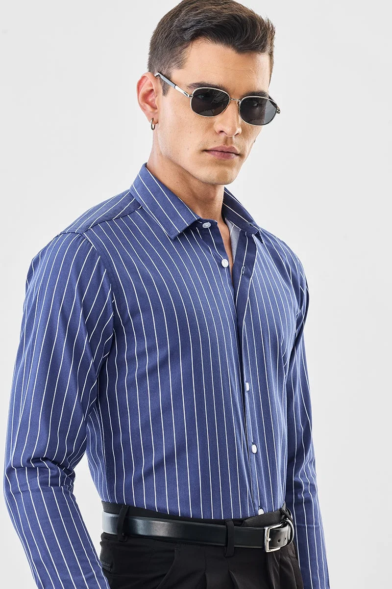 SNITCH Navy Striped Long Sleeve Slim Fit Formal Luxe Shirt