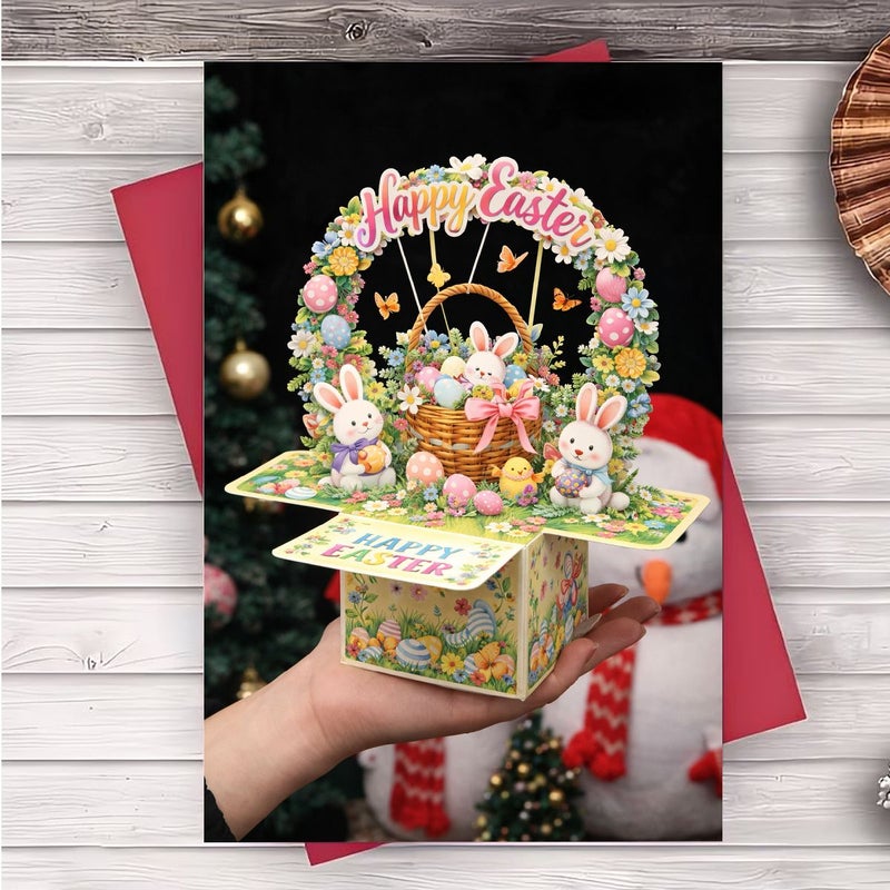 Red Easter Greeting Card Rabbit Flower Basket With Colored Eggs Gift Box - Image 1