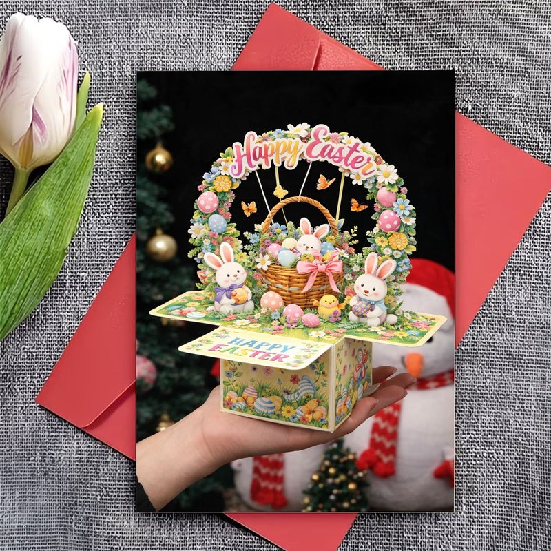 Red Easter Greeting Card Rabbit Flower Basket With Colored Eggs Gift Box - Image 2