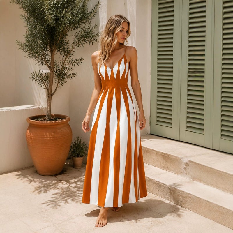 Women's Summer Loose Strappy Color Block Print Maxi Dress - Image 3
