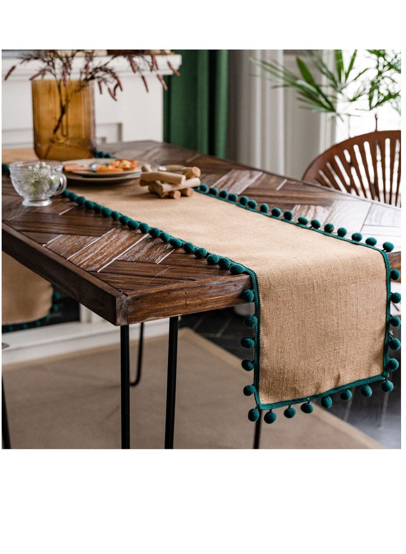 Generic Jute Burlap Table Runner, Rustic Tablecloth with Ball Fringe for Home Praty Decoration (Green,30×180cm)  - Image 1