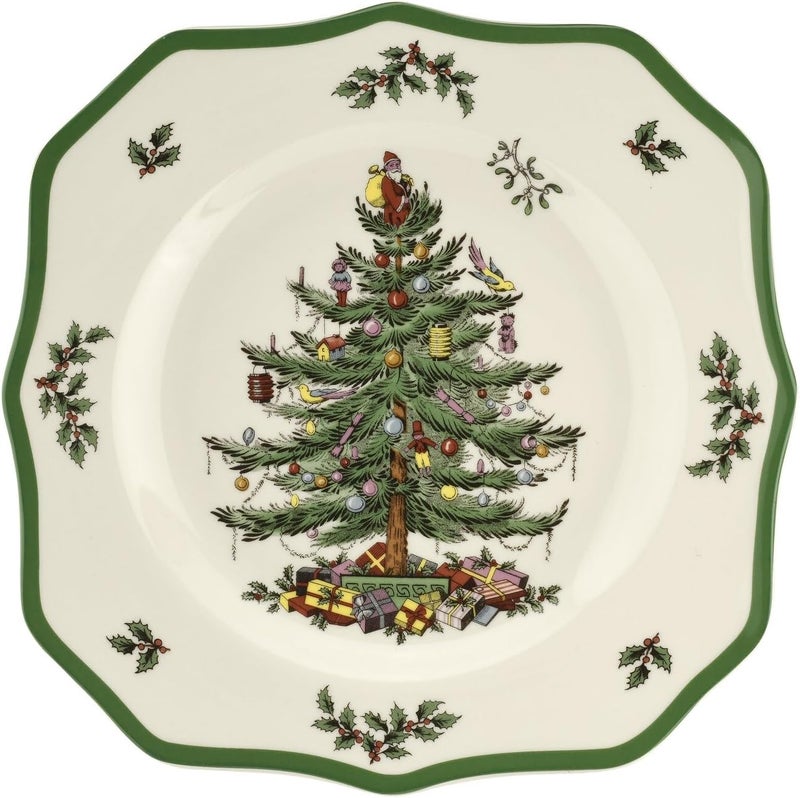 Spode Christmas Tree Scalloped Dinner Plate  HolidayThemed Stoneware Large Plate  105 Inch Christmas Dinner Dish Featuring Colorful Gifts  Mistletoe Accents  Dishwasher  Microwave Safe - Image 1