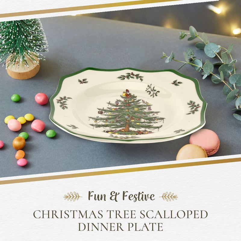 Spode Christmas Tree Scalloped Dinner Plate  HolidayThemed Stoneware Large Plate  105 Inch Christmas Dinner Dish Featuring Colorful Gifts  Mistletoe Accents  Dishwasher  Microwave Safe - Image 2